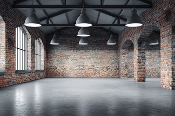 Spacious industrial interior with exposed brick walls and modern lighting fixtures in a serene urban setting