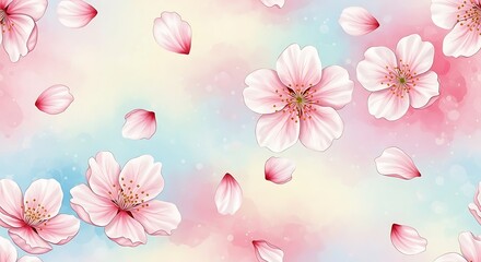 A beautiful seamless pattern of pink cherry blossoms and petals scattered across a soft pastel watercolor background