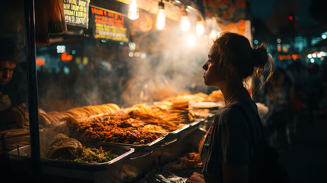 A person ordering street-style tacos from a taco stand at night market (2)