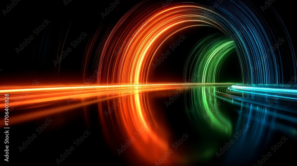 Poster colorful, abstract image of a tunnel with a rainbow of colors. the tunnel is surrounded by a dark ba
