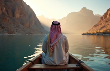 Saudi Arabian man in traditional thawb and ghutra on boat, river journey at dawn. Majestic mountains, calm water reflect morning sun rays. Solitude, exploration, nature beauty, cultural heritage.