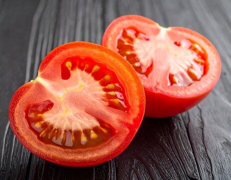 Close-up of two halves of a red tomato