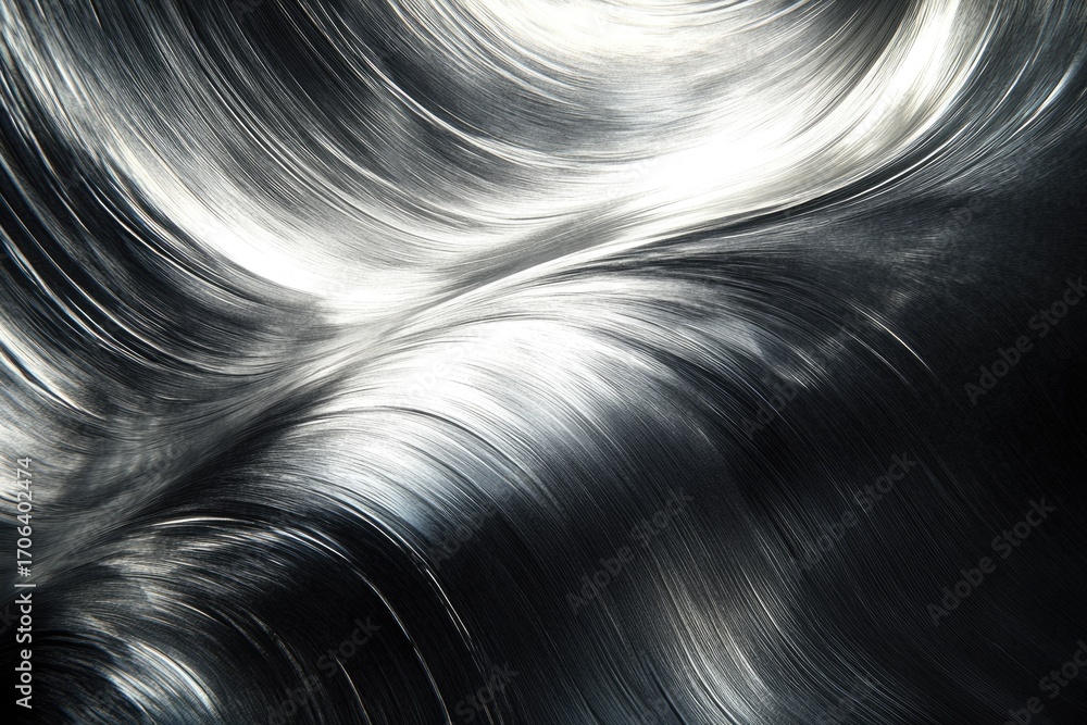 Poster abstract grayscale image showcasing flowing, wave-like patterns with varying shades of black and whi