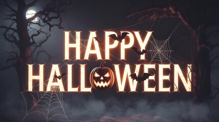 Spooky happy halloween glowing text with a carved pumpkin and bats against a dark shadowy night sky backdrop for festive holiday celebrations.