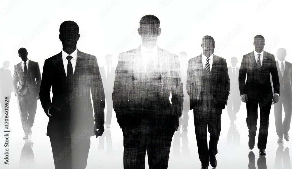 Poster group of men in suits are walking in a line. the image has a dark and moody feel to it