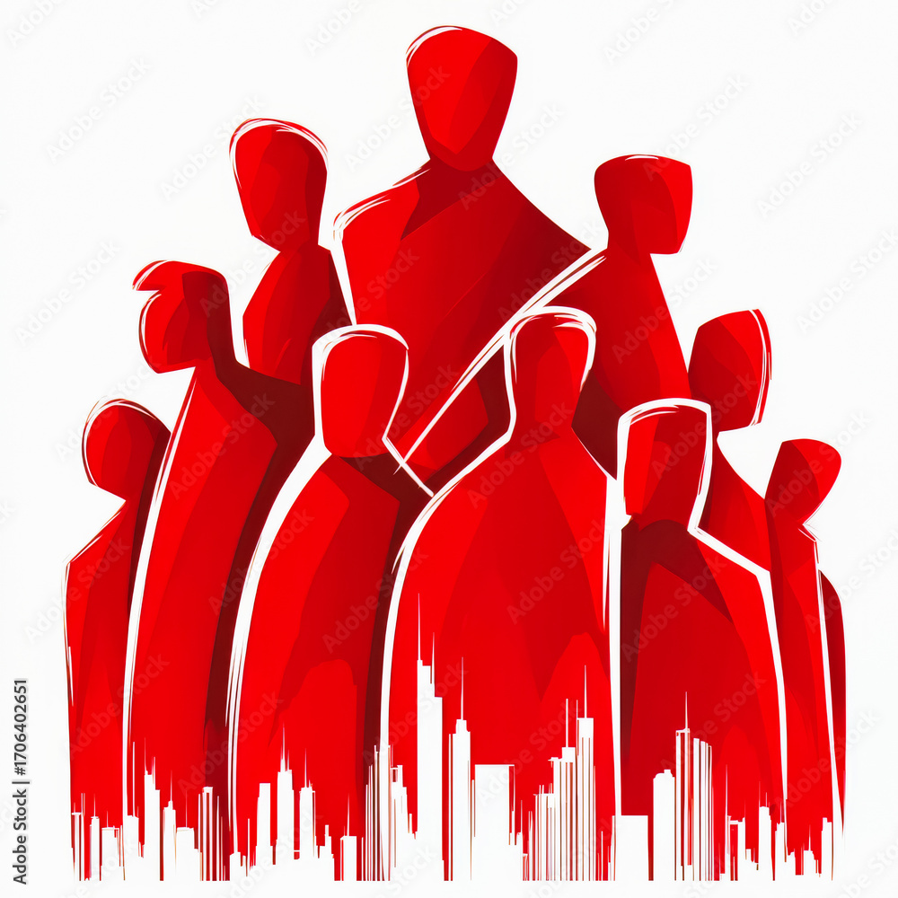 Poster group of people are standing in a red line. concept of unity and strength