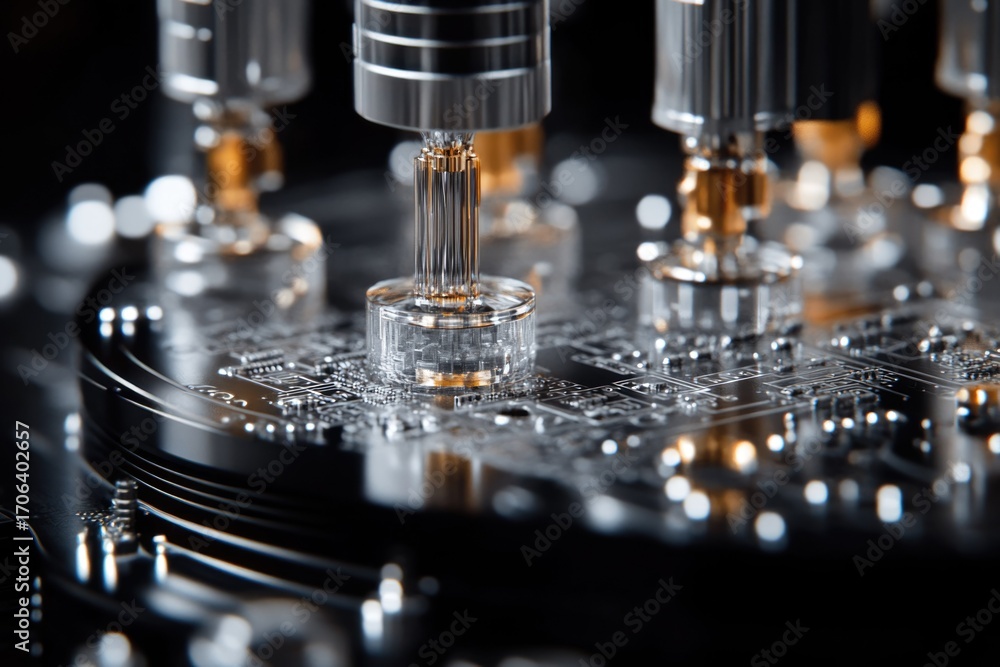 Poster close-up of precision robotic arms assembling a circuit board, showcasing intricate detail and advan