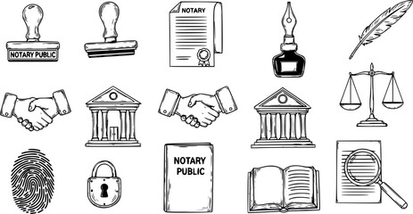 Notary Service Doodle Set – Hand-Drawn Vector Illustrations of Legal Documents, Stamps, Signatures, Pens, and Notary Tools, Business and Office Concept Icons, Isolated Objects on White Background