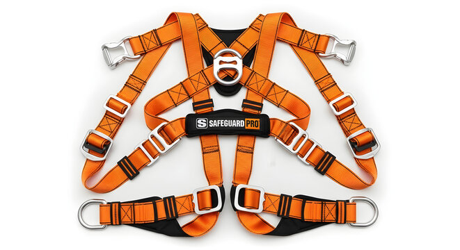 A full-body orange safety harness designed for fall protection in construction or industrial work. It features adjustable straps, secure metal buckles, and multiple attachment points for safety ropes.