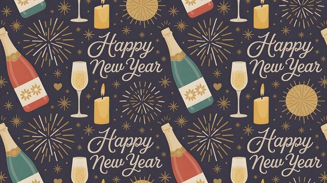 Festive new year's eve celebration with champagne bottles sparkling fireworks and elegant champagne glasses creating a joyful holiday pattern