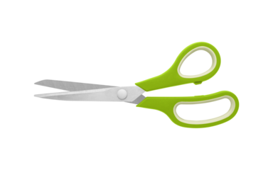 A pair of Green handled scissors in open position on a white background, with sharp metal blades and comfortable grips. Perfect for cutting tasks in office or craft settings, isolated view.