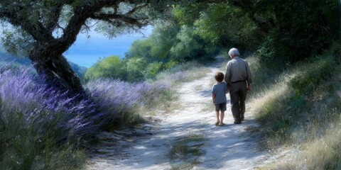 Fototapeta premium Man and a child are walking down a path in a forest. The man is holding the child's hand