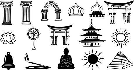 Temple hand drawn doodle set. Isolated elements on white background. Symbol collection.
