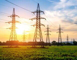 Power lines at sunset over a field