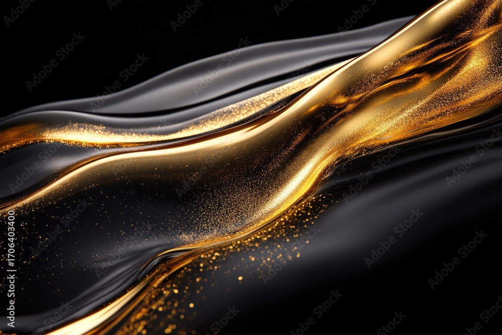 Poster abstract image of flowing gold liquid with transparent background and glittering particles.