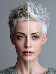 Short silver hairstyle transformation, woman with pixie cut showing before and after color and texture change, cool tones portrait with soft grey background
