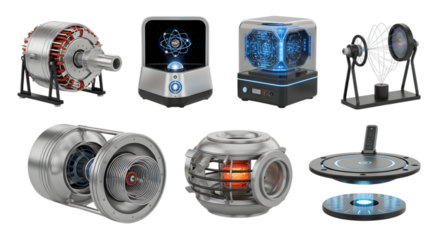 Collection of futuristic science fiction technology and devices isolated on transparent background
