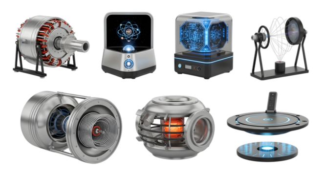 Collection of futuristic science fiction technology and devices isolated on transparent background