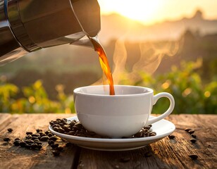 Coffee being poured at sunrise