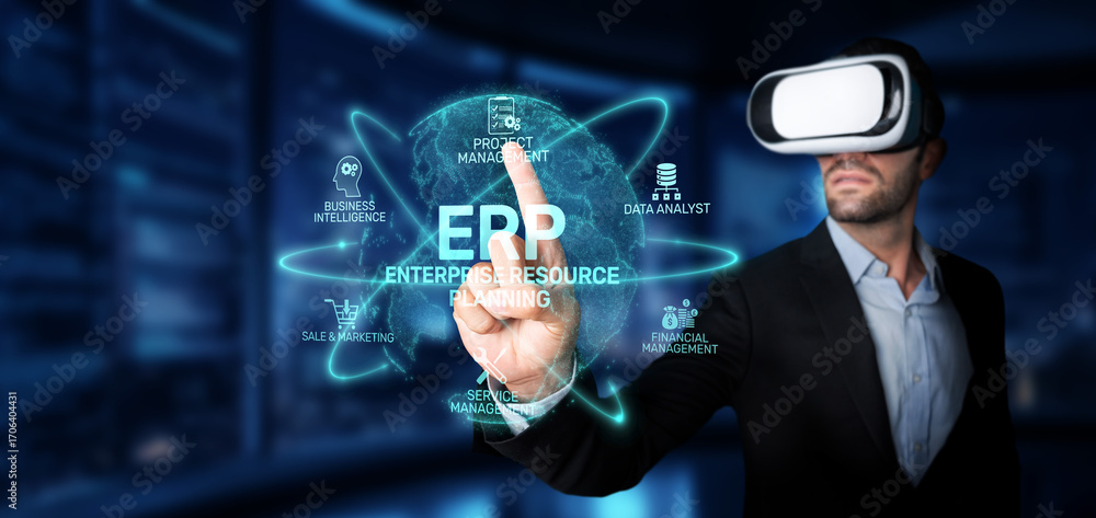Poster A business analyst employs virtual reality technology for enhanced ERP project management, showcasing data visualization in a modern office setting. XDMCP