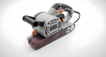 A handheld electric belt sander with a gray and black body, orange accents, and a long sanding belt. Used for smoothing and shaping wood or metal surfaces in construction and woodworking projects.