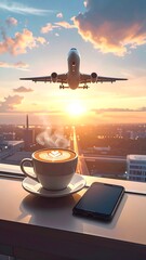 Coffee, phone, and plane at sunset over city