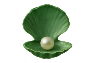 Luminous pearl nestled inside iridescent green scallop shell, highlighting marine elegance against pristine transparent backdrop
