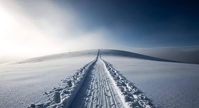 A snowy path leading up a hill under a clear blue sky on a bright sunny day in a winter landscape ai generated