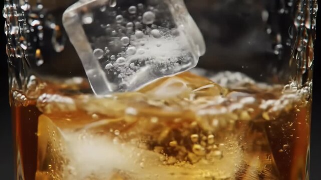 Ice Cubes Falling Into a Glass of Whiskey Close Up.