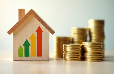 Wooden house model with colorful upward arrows graph, signifying energy efficiency, savings. Stacks of gold coins symbolize financial investment, economic benefits from sustainable building