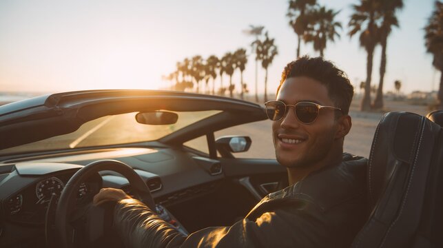 Smiling man drives convertible by beach, sun shining through palm trees