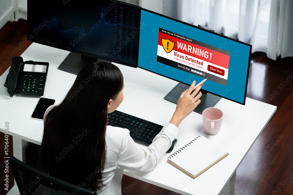 Poster virus warning alert on computer screen detected brisk cyber threat , hacker, computer virus and malw