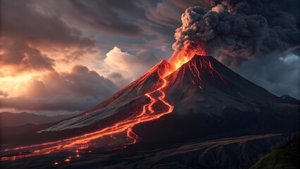Fototapeta premium Dramatic volcano eruption with lava flow and stormy skies landscape