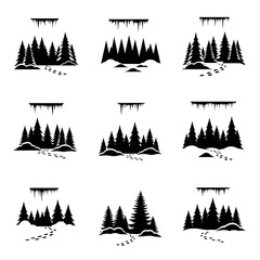 Obraz premium Vector art of winter forest landscape trees, footprints and icicles for christmas and new year holiday designs