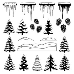 Obraz premium Vector art of winter forest elements trees, snowdrifts, icicles and pine cones for christmas and new year designs