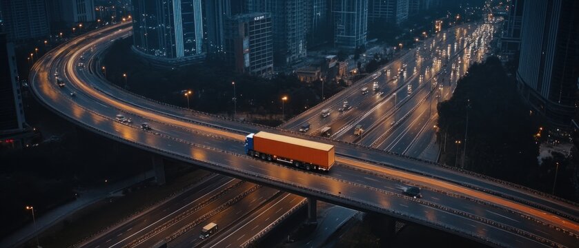 Cargo truck on elevated highway at night cityscape background
