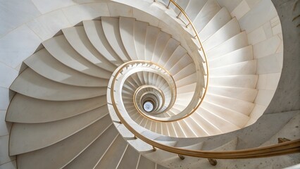 Elegant spiral staircase architecture featuring white stone and golden handrail design
