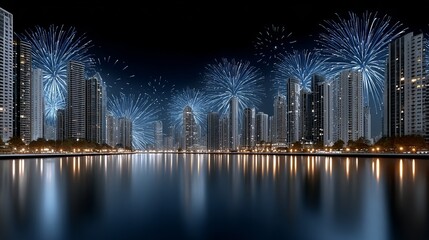 Fototapeta premium City skyline at night with bright fireworks reflected in water, modern architecture celebration scene