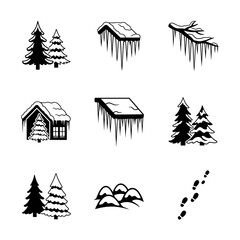 Obraz premium Vector art of winter scene elements trees, house, icicles, and footprints, creating a minimalist and seasonal composition