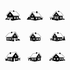 Vector art of collection of house vector illustration, showcasing various house designs with chimney, windows and doors in black and white