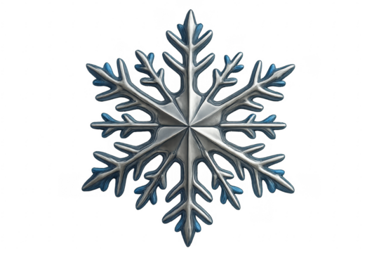 Metallic silver and blue snowflake shining on transparent background
