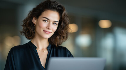 Obraz premium Confident young businesswoman in dark blouse, working on laptop at modern office desk, professional workspace, bright natural light. businesswoman working, modern office, female pr