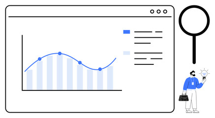 Graph with line and bar chart inside browser window, magnifier, and business person holding lightbulb. Ideal for analytics, research, business strategy, innovation, exploration, education simple