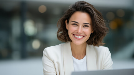 Fototapeta premium Happy businesswoman in light blazer, seated with laptop, smiling directly at camera, bright office environment, modern professional portrait. businesswoman portrait, professional o