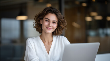 Smiling young professional woman in office, analyzing data on laptop, writing in notebook, modern workplace with documents. female professional, business analysis, laptop and noteb