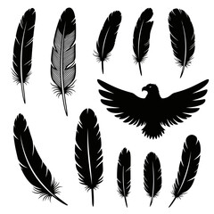 Vector art of collection of black feather and eagle illustrations, displaying various shapes, sizes, and intricate patterns in vector format © PixelCraftGallery