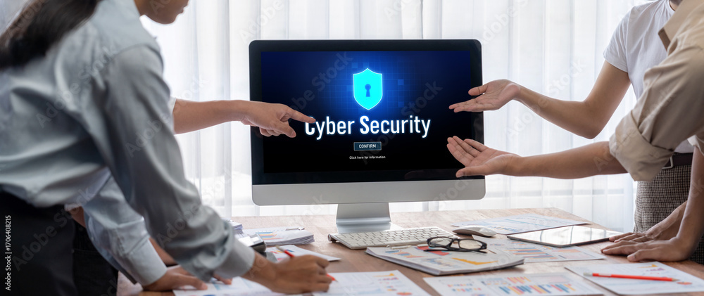 Aufkleber cyber security system on computer screen protect private information brisk from hacker and cyber att