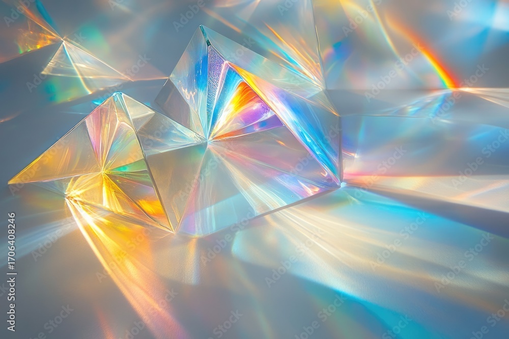 Poster iridescent glass pyramids refract light, creating a mesmerizing display of colorful beams and radian