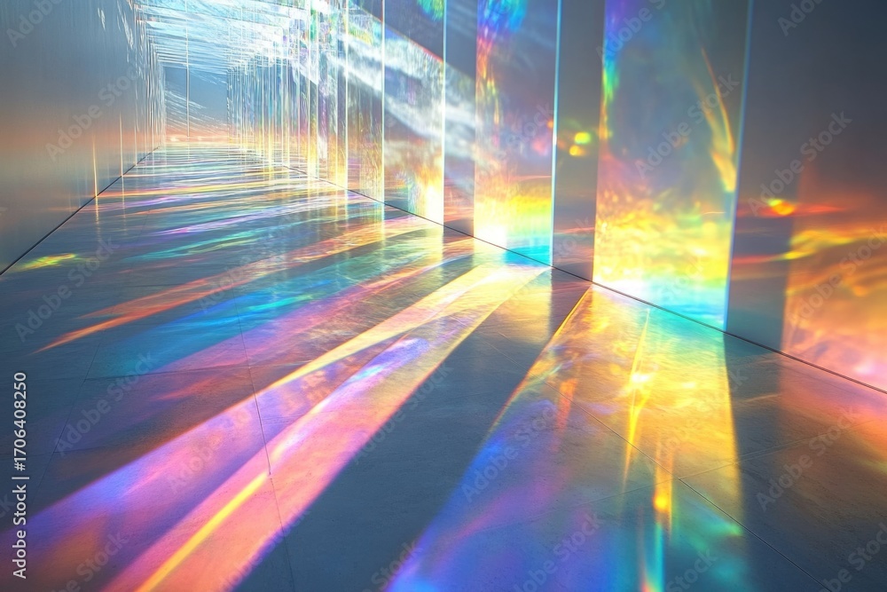 Poster a mesmerizing display of iridescent light beams illuminating a minimalist room, creating a vibrant, 