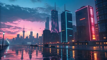 Obraz premium Futuristic city skyline at dusk with vibrant neon lights reflection